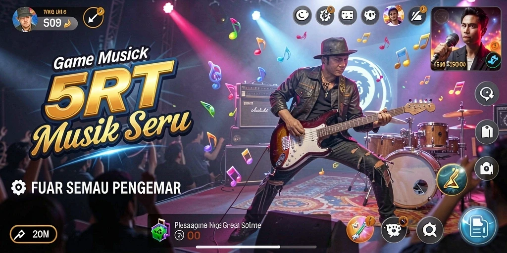 Screenshot menampilkan gameplay seru 5RT dengan irama musik yang upbeat.