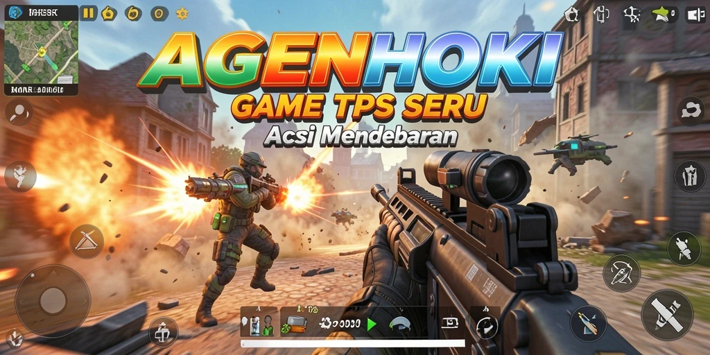 Screenshot utama AGENHOKI menampilkan aksi gameplay TPS yang seru.