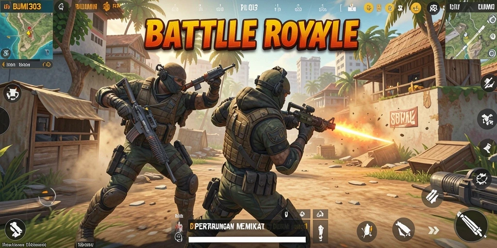 Screenshot BUMI303 menampilkan aksi seru dalam pertempuran battle royale.