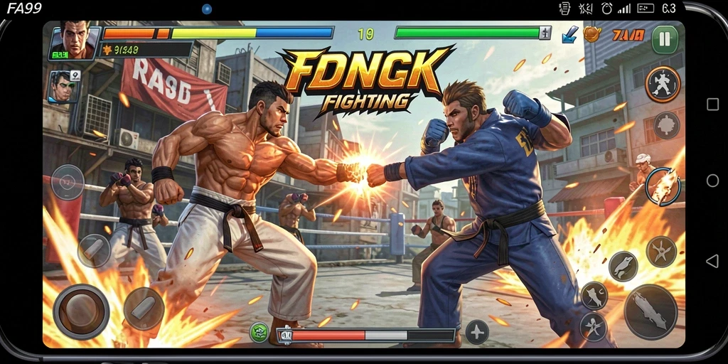 Tampilan gameplay FA99 menampilkan karakter bertarung dengan efek visual yang memukau.