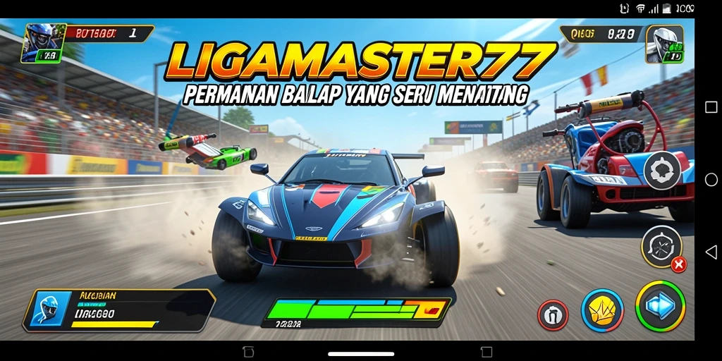 Screenshot gameplay LIGAMASTER77 menampilkan aksi balap yang mendebarkan.