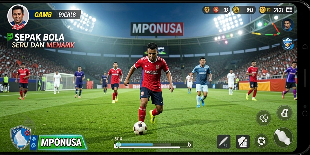 Screenshot MPONUSA menampilkan aksi mendebarkan di lapangan sepak bola.