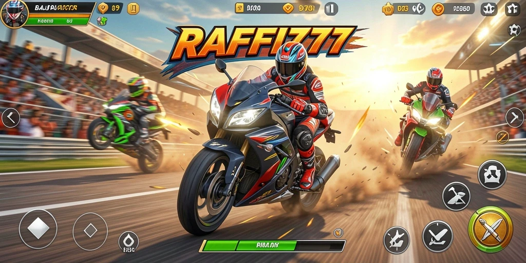 Tangkapan layar menampilkan aksi balap motor yang mendebarkan di RAFFI777.