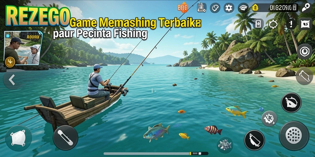 Tampilan gameplay REZEGO dengan berbagai lokasi memancing yang memukau.